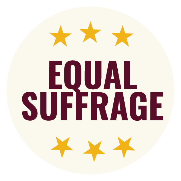 A circular badge with a white background and five yellow stars at the top and bottom. In the center, the words 'EQUAL SUFFRAGE' are written in bold, dark red capital letters.