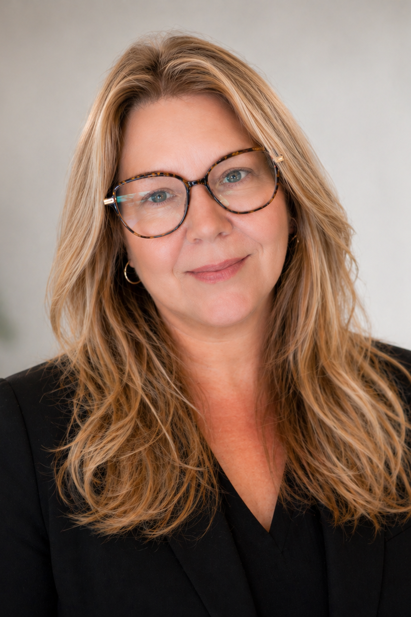A portrait of Amy Murphy, Producer of 'Shall Men Vote?' film. She has long, wavy blonde hair wearing tortoiseshell glasses and a black blazer, smiling softly at the camera.