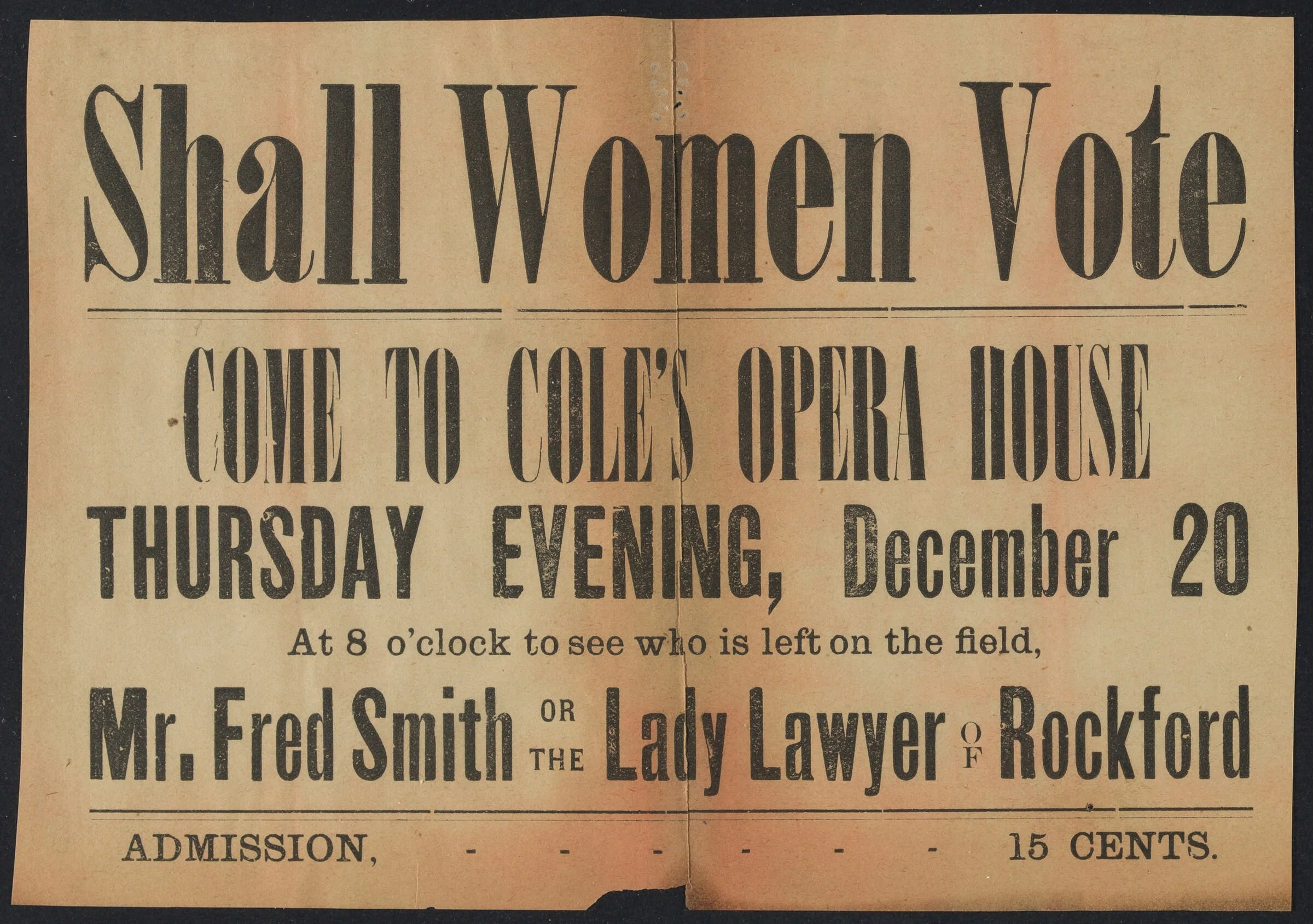 Poster for a debate between Catharine Waugh McCulloch (Lady Lawyer) and Fred Smith in the 1880s.