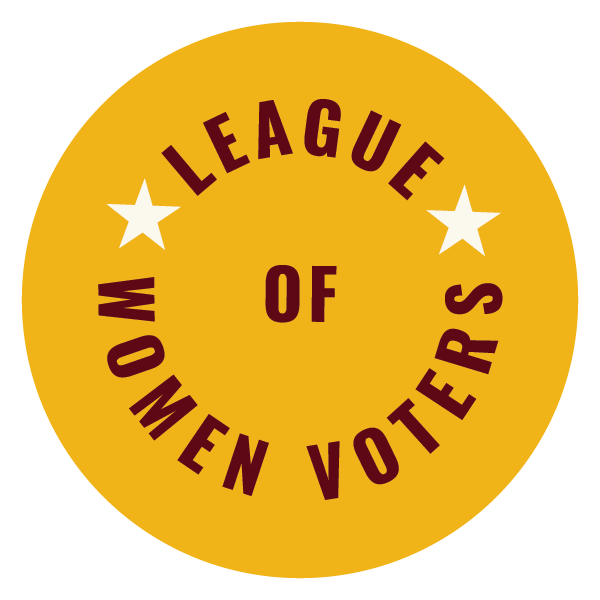 Circular yellow badge with burgundy text that reads "League of Women Voters" around the center. Two white stars are on either side of the word "of".