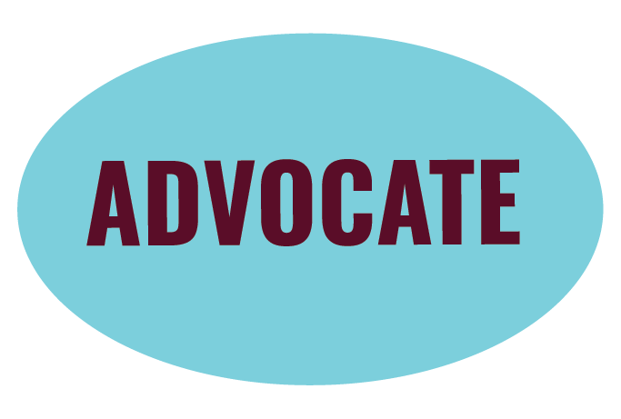 Blue oval with the word "Advocate" in bold purple letters