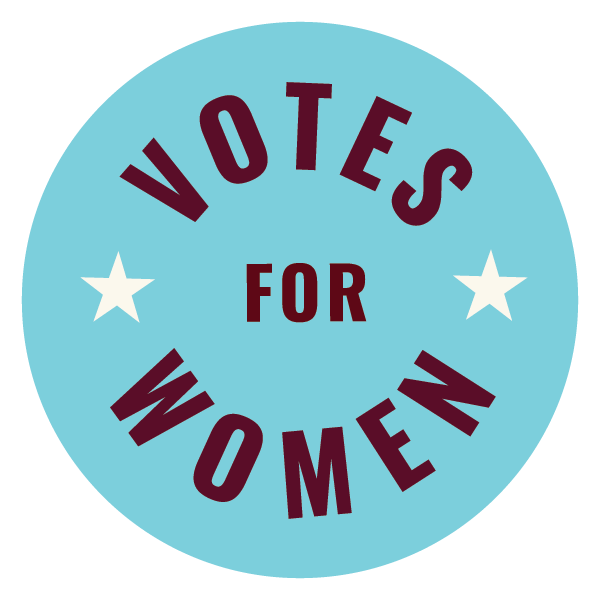 A circular vote button with a light blue background and the text "VOTES FOR WOMEN" in dark red, with two white stars on either side.