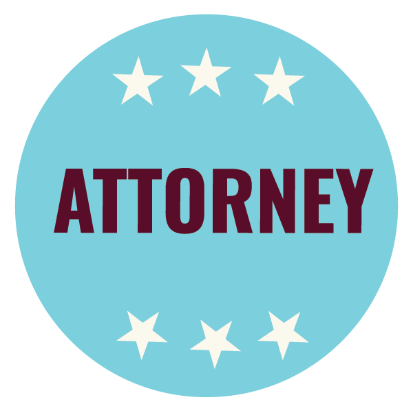 Circular badge with a light blue background, featuring seven white stars and the word "ATTORNEY" in bold maroon letters in the center.