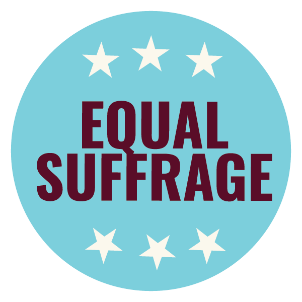 A circular badge with a light blue background and white stars around the top and bottom. The words "EQUAL SUFFRAGE" are written in bold, dark purple letters in the center.