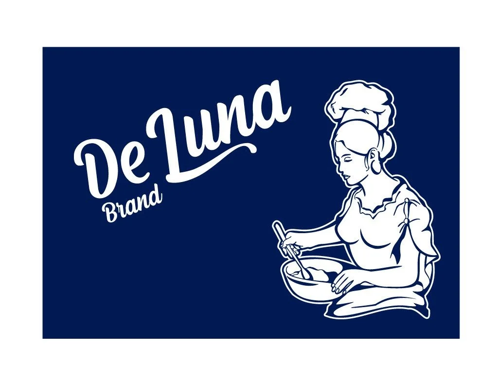 Logo for DeLuna Brand featuring a line drawing of a woman with her hair in a bun, stirring a bowl.