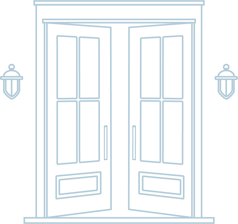 A set of double doors with window panes, flanked by two outdoor wall-mounted lanterns, set against a black background.