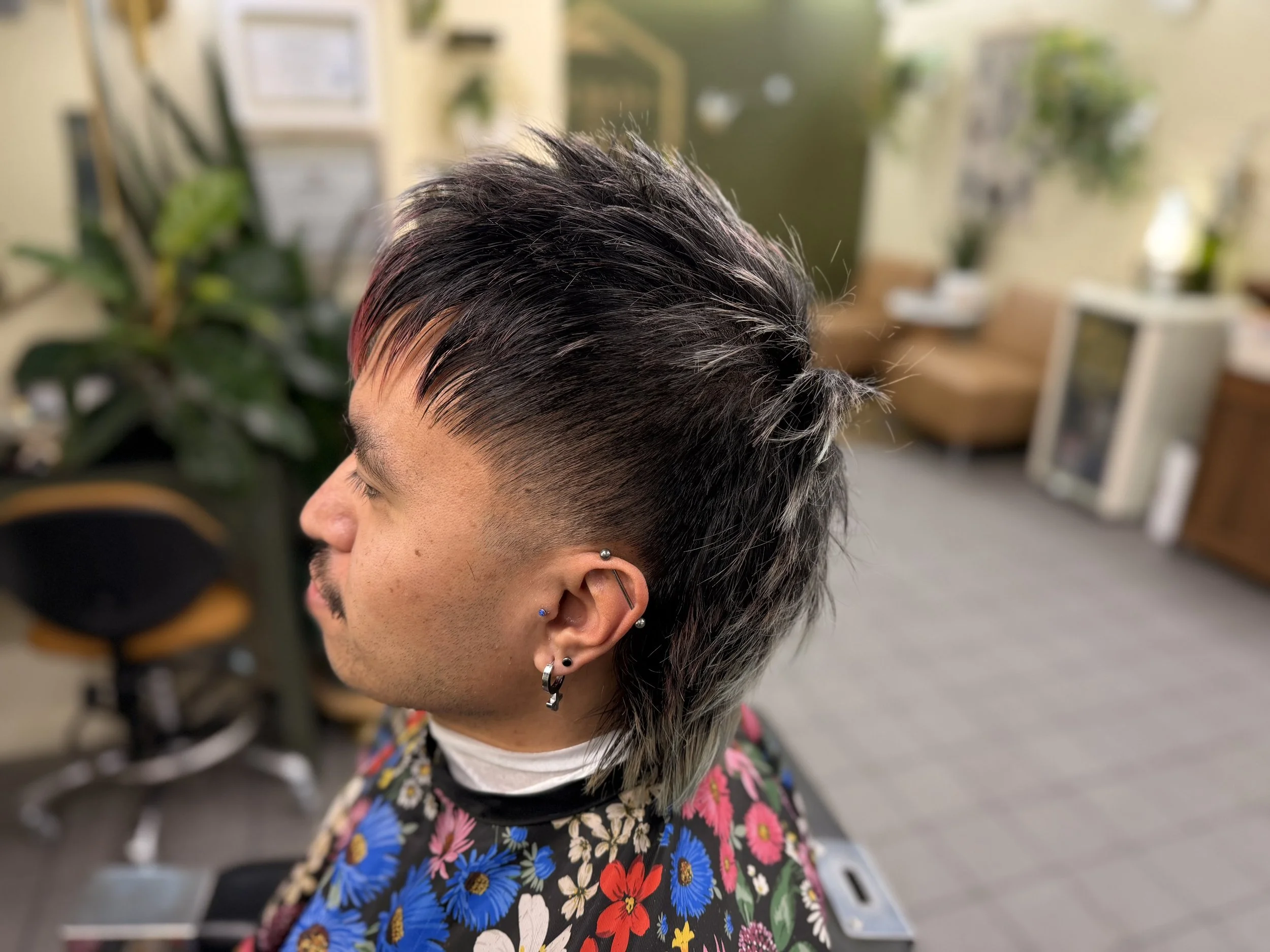 Close-up of a person with short, dark hair with streaks of pink and gray, wearing multiple earrings, in a room with potted plants and furniture in the background.