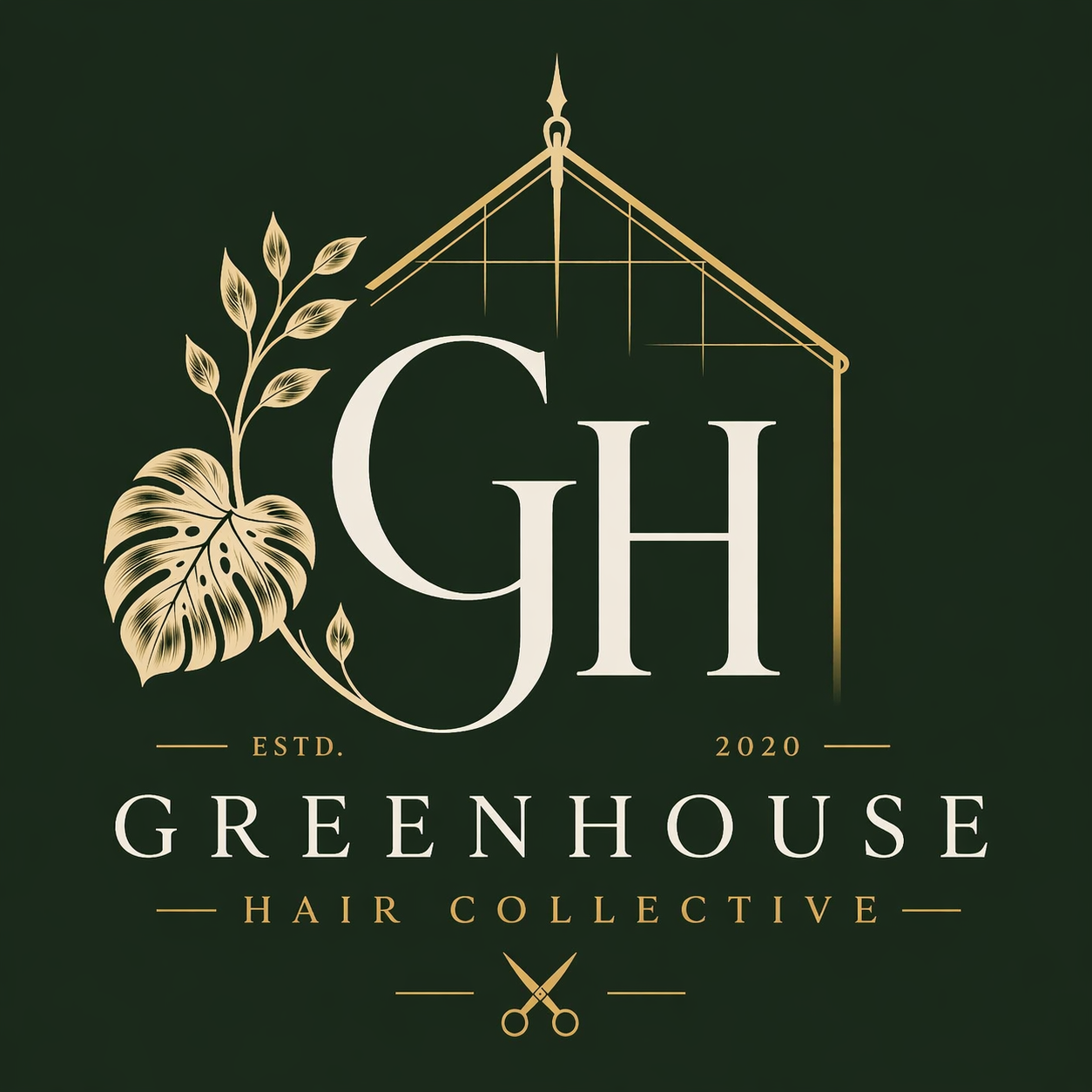 Logo for Greenhouse Hair Collective, established 2020, featuring a large letter 'G' and 'H' with a botanical leaf, a hair salon pole, and scissors.