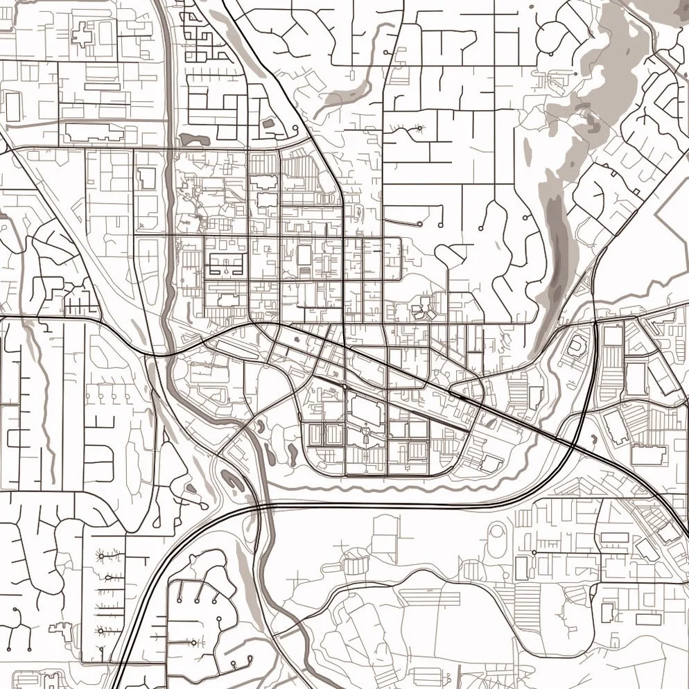 Redmond, WA Black and white map showing a city with roads, streets, highways, and some natural features like water bodies and hills.