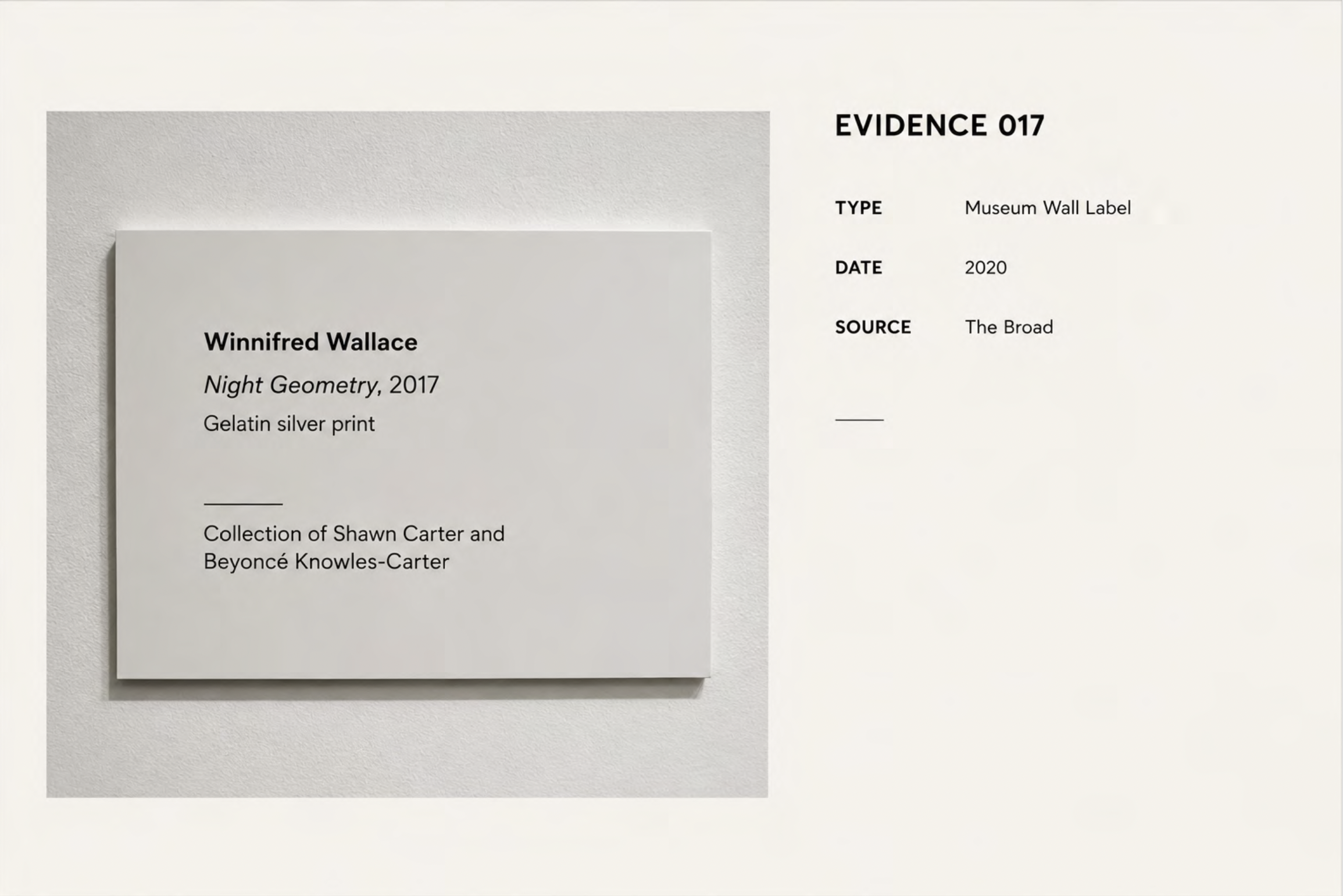Museum wall label for 'Night Geometry' by Winnifred Wallace, 2017, gelatin silver print, and an adjacent display featuring information about the label, including type, date, and source.