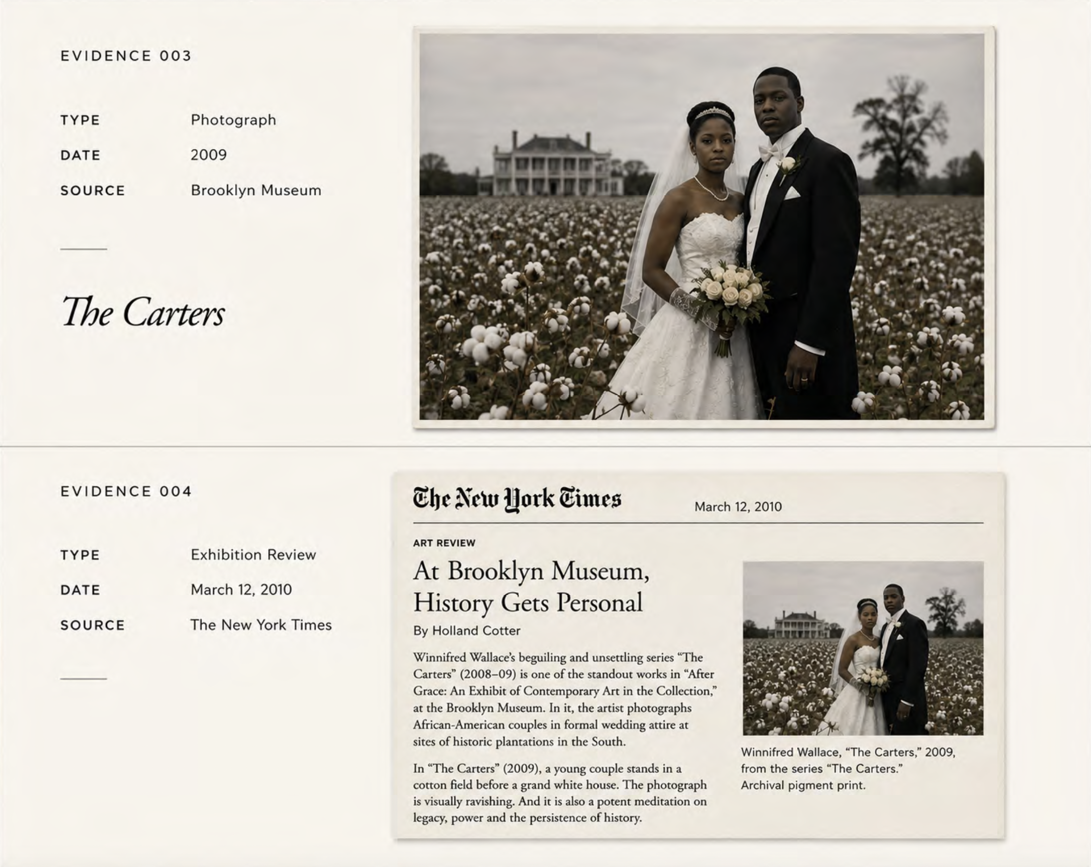 A photograph of an African-American bride and groom standing in a cotton field with the White House in the background during a cloudy day. The bride is in a white strapless wedding dress holding a bouquet, and the groom is in a black tuxedo with a white bow tie and a white flower boutonniere.