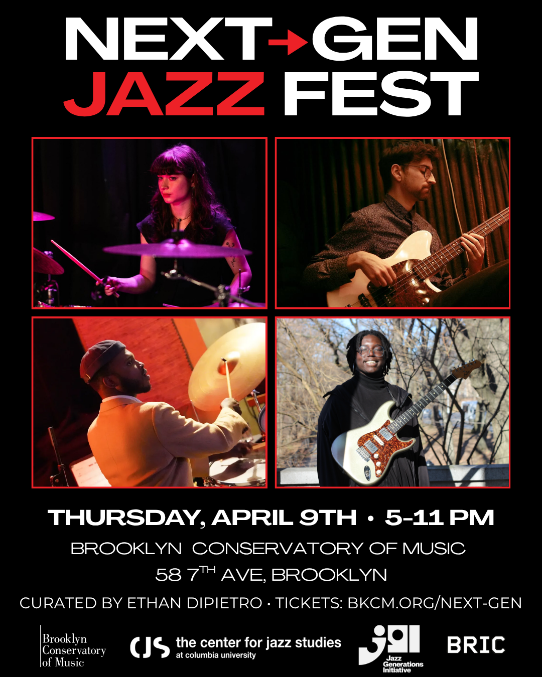 Poster for Next-Gen Jazz Fest featuring four photos of diverse jazz musicians playing instruments, event details including date, time, location, curator, and ticket information.