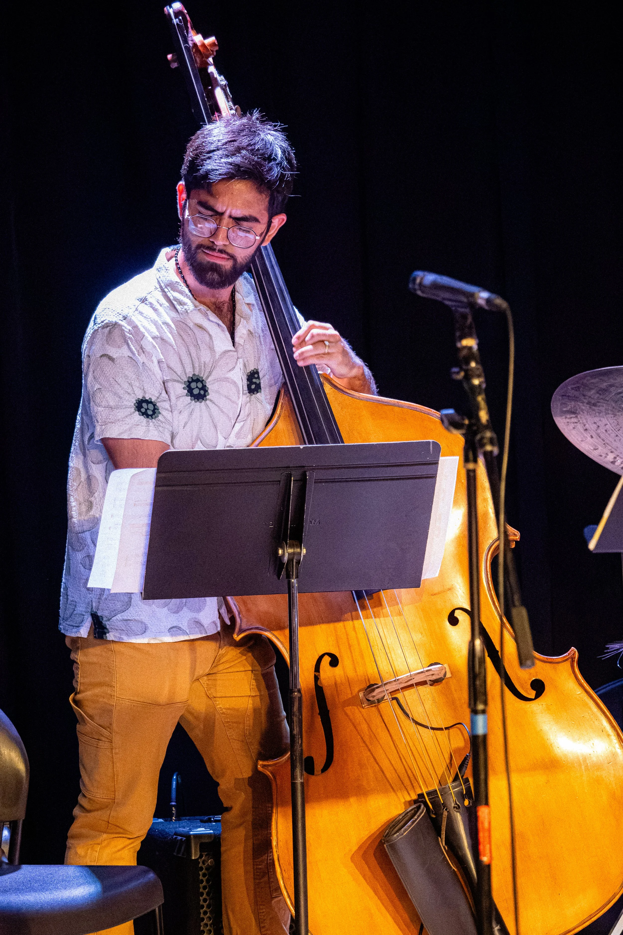 A man with glasses, a beard, and dark hair is playing a double bass on stage, looking down at sheet music, with a microphone nearby and a dark background.
