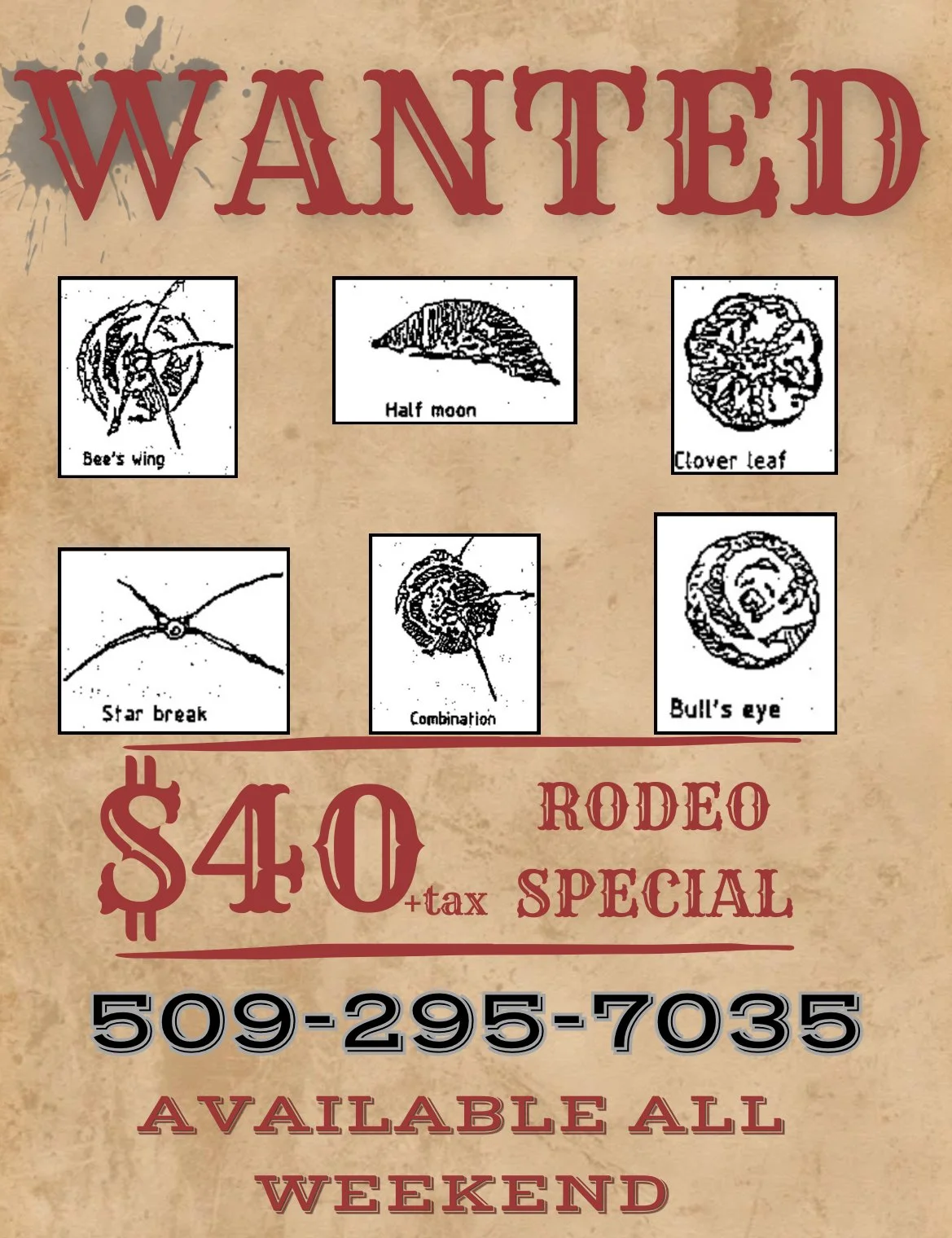 Got a rock chip? Stuck at the Fair/Rodeo Grounds? No problem!
We are offering on site rock repair for $40+Tax all weekend long!
Give us a call and we'll come to you! 

509-295-7035

#ellensburgrodeo #ellensburgautoglass #509autoglass #rockchiprepair