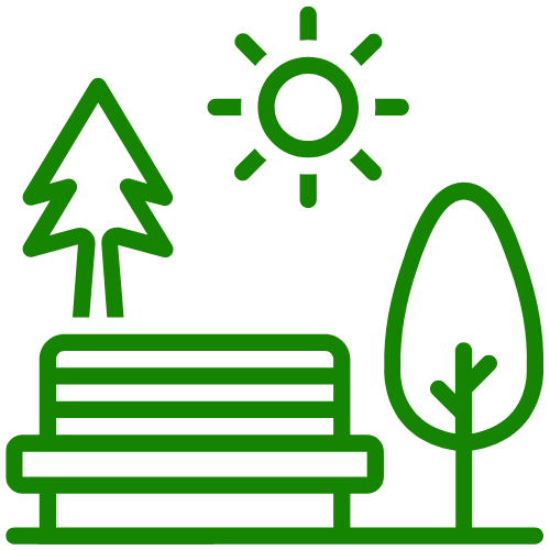 Green line drawing of a park with trees, a bench, and a sun in the sky.