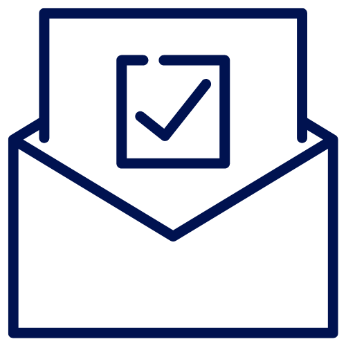 Outline icon of an envelope with a sheet of paper containing a checkmark inside it.