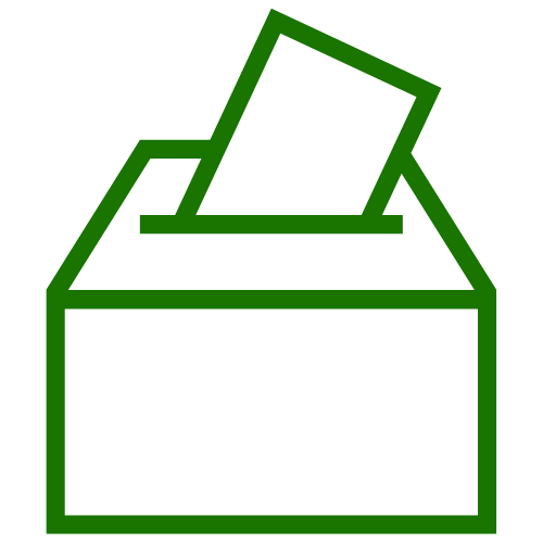 Green outlined ballot box with a vote slip partially inserted.