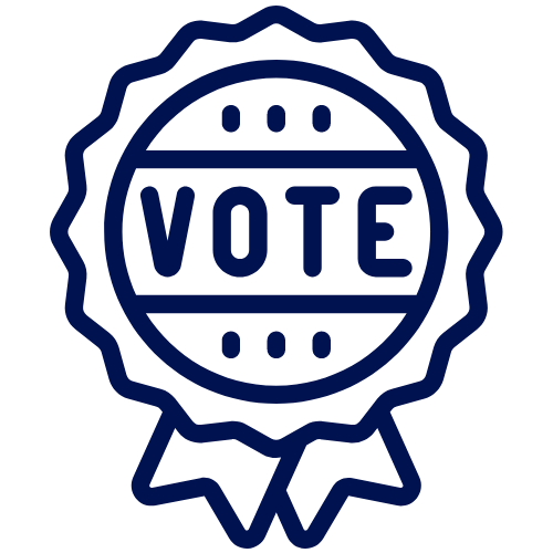 Illustration of a blue vote badge with the word 'VOTE' inside, surrounded by a decorative border and ribbon at the bottom.