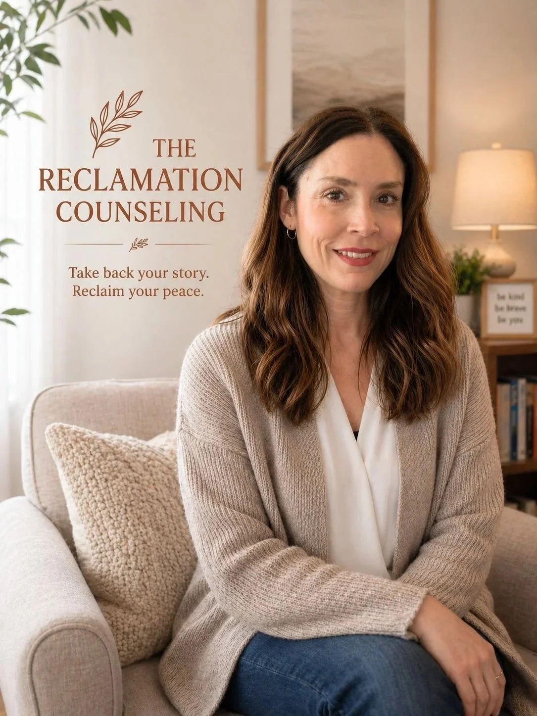 A woman with long brown hair sitting on a beige couch in a cozy living room, smiling at the camera, with a bookcase and framed art in the background. Text on the image reads "The Reclamation Counseling" and "Take back your story. Reclaim your peace."