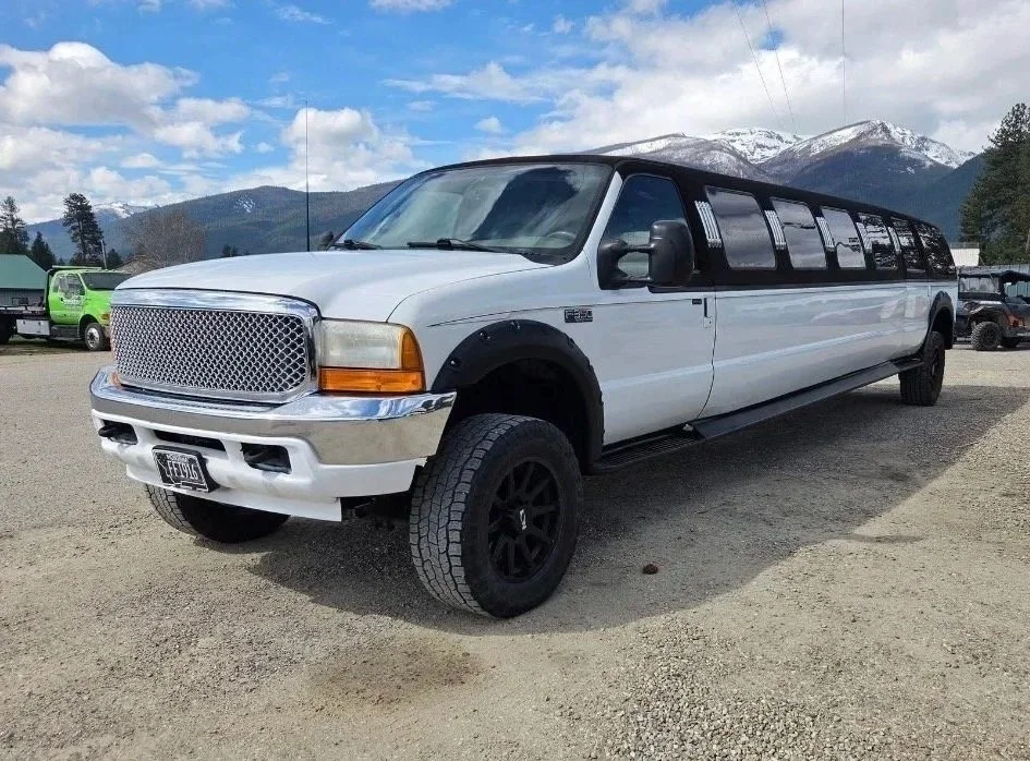 A white limousine with black wheels parked on a gravel lot, mountains with snow caps and partly cloudy sky in the background.