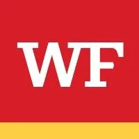 Wells Fargo logo: White letters 'WF' on red background with gold stripe at bottom