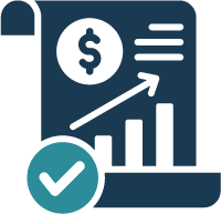Financial report with dollar sign, upward trending graph, and checkmark