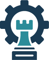 A chess rook piece with a gear-shaped background.