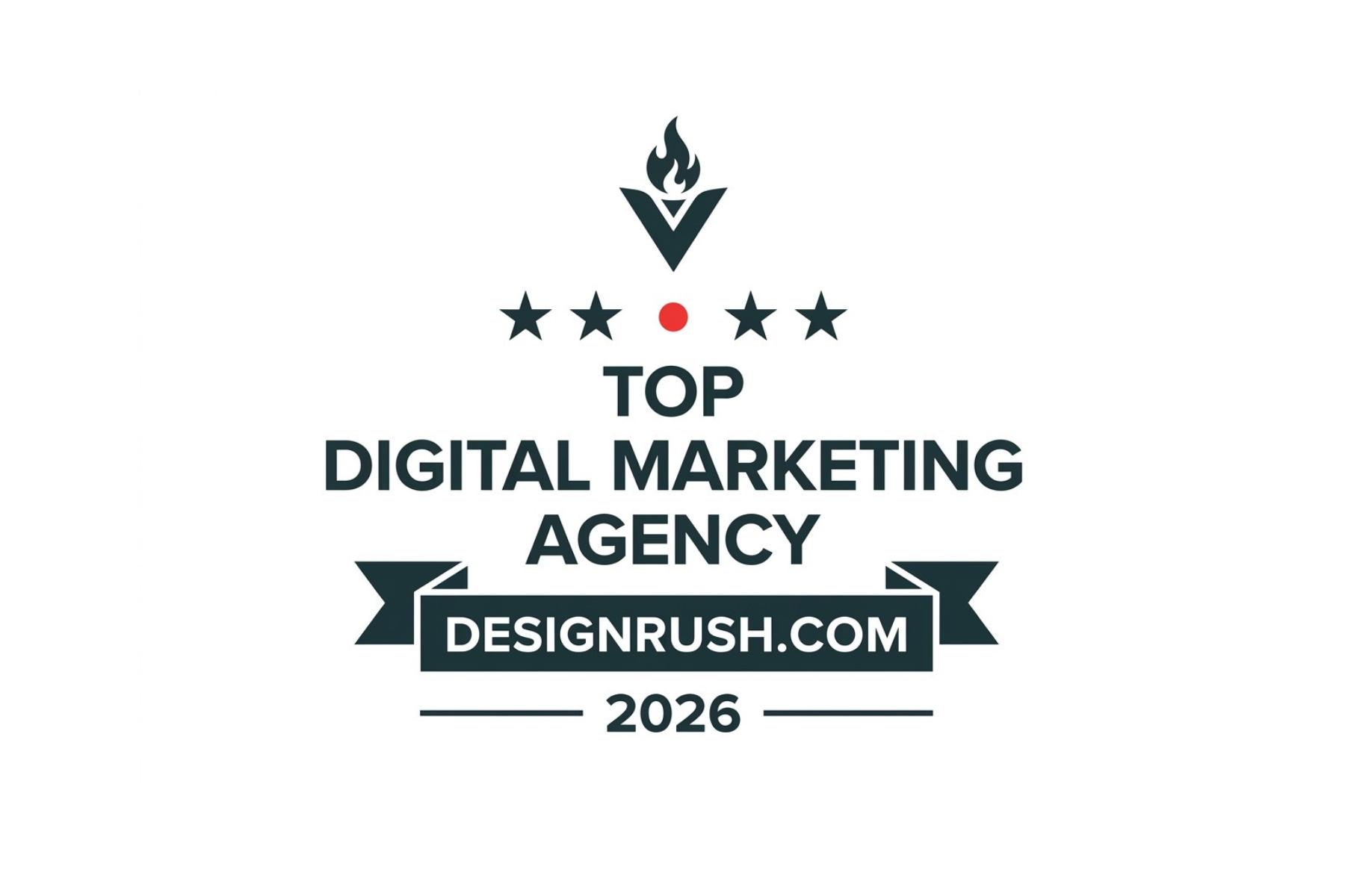 Logo for Top Digital Marketing Agency with a flame and star design, featuring text for DesignRush and the year 2026.