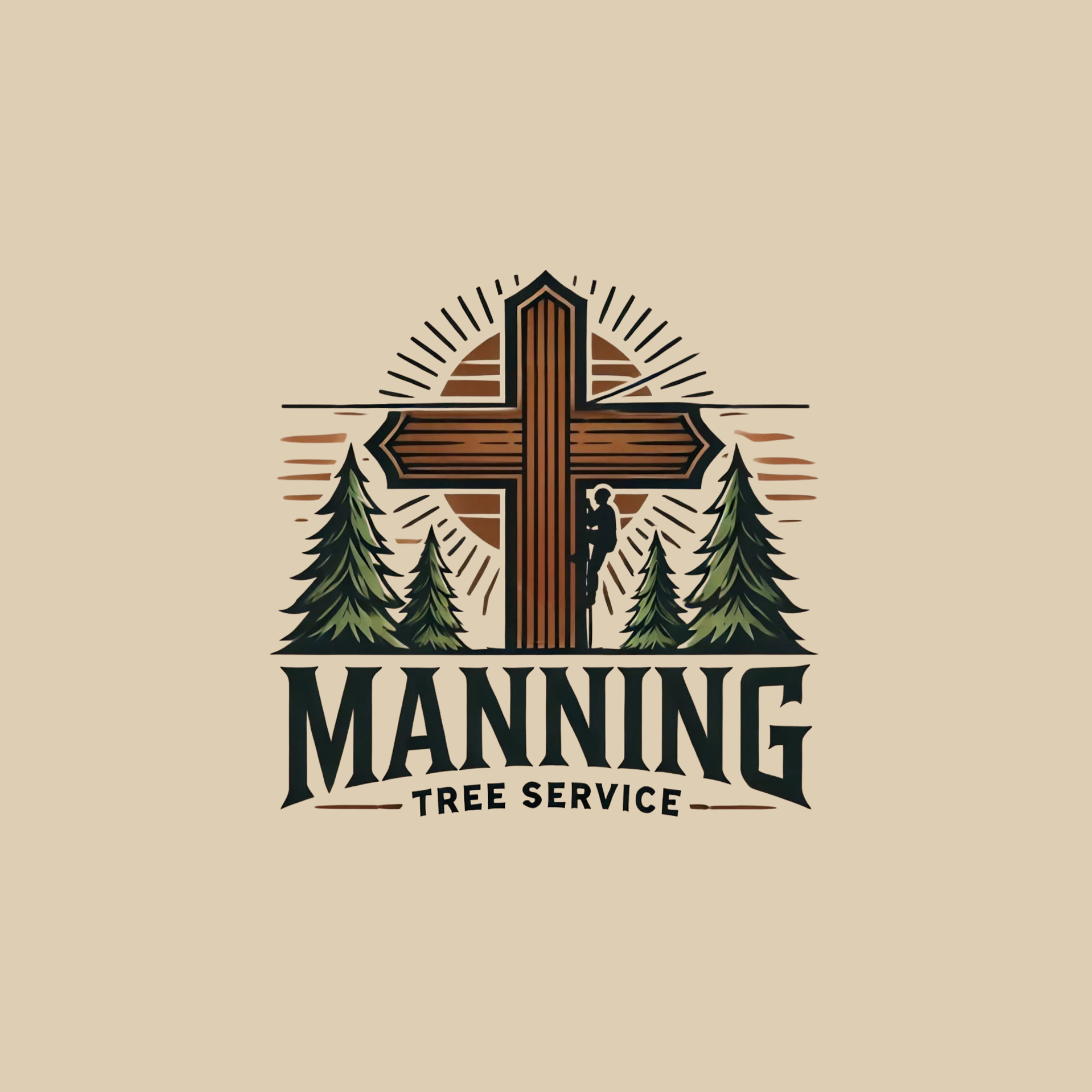 Logo for Munnings Tree Service featuring a stylized wooden cross surrounded by pine trees.