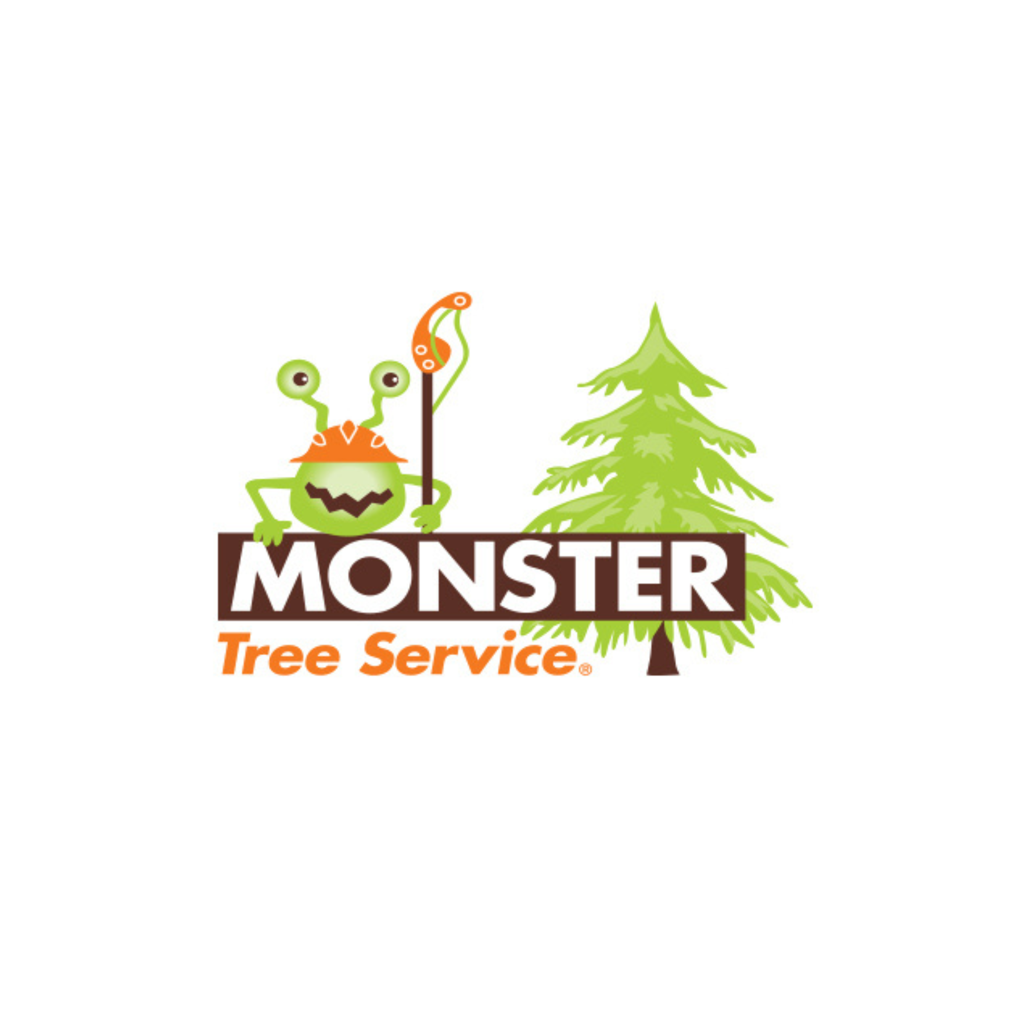 A cartoon green frog with big eyes, orange crown, and a staff standing next to a green pine tree, with the words 'MONSTER Tree Service' in orange and white below.