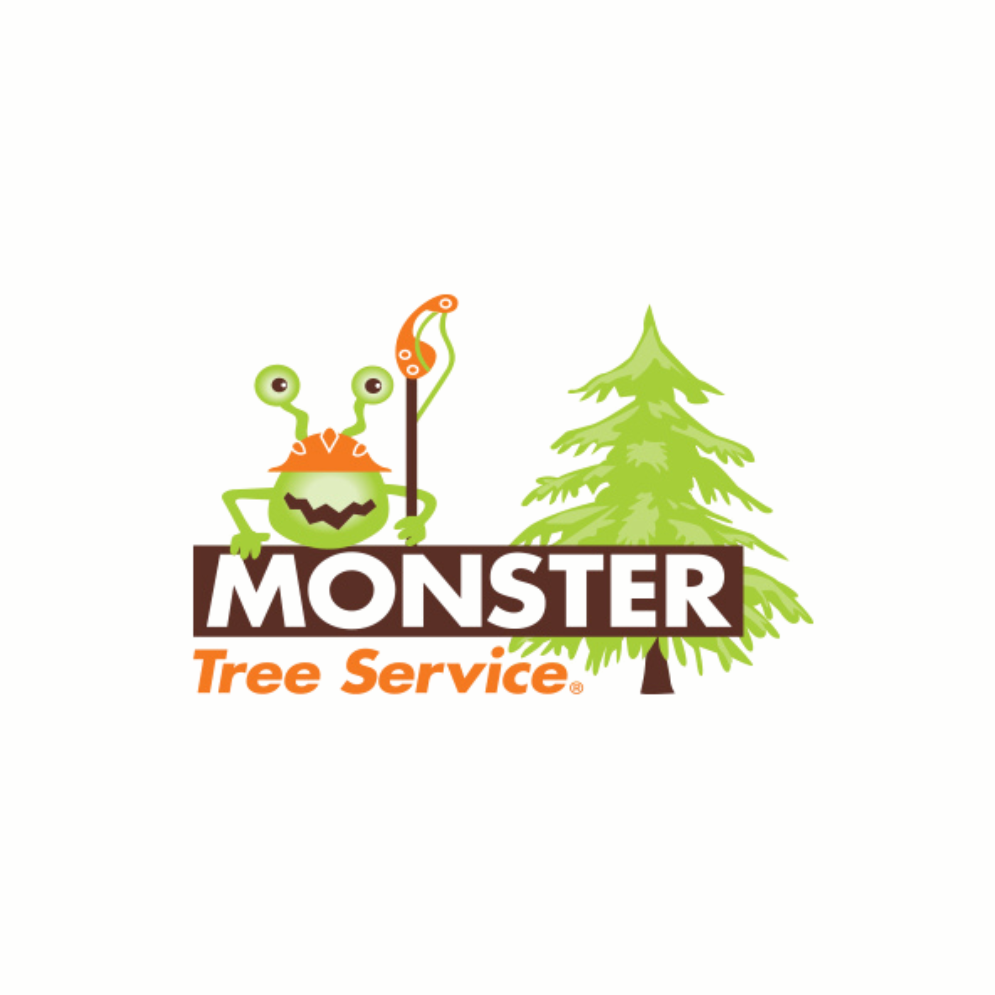 A cartoon illustration of a green monster with antennae holding a sign that reads 'Monster Tree Service.' The monster is beside a green pine tree.