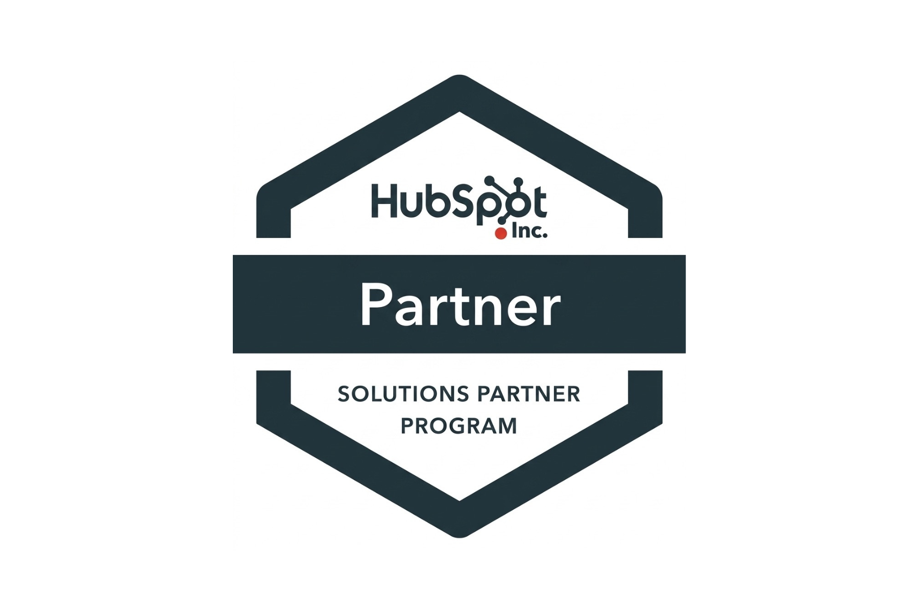 HubSpot Partner badge with a house-shaped outline, featuring the text 'HubSpot Inc.', 'Partner', and 'Solutions Partner Program'.