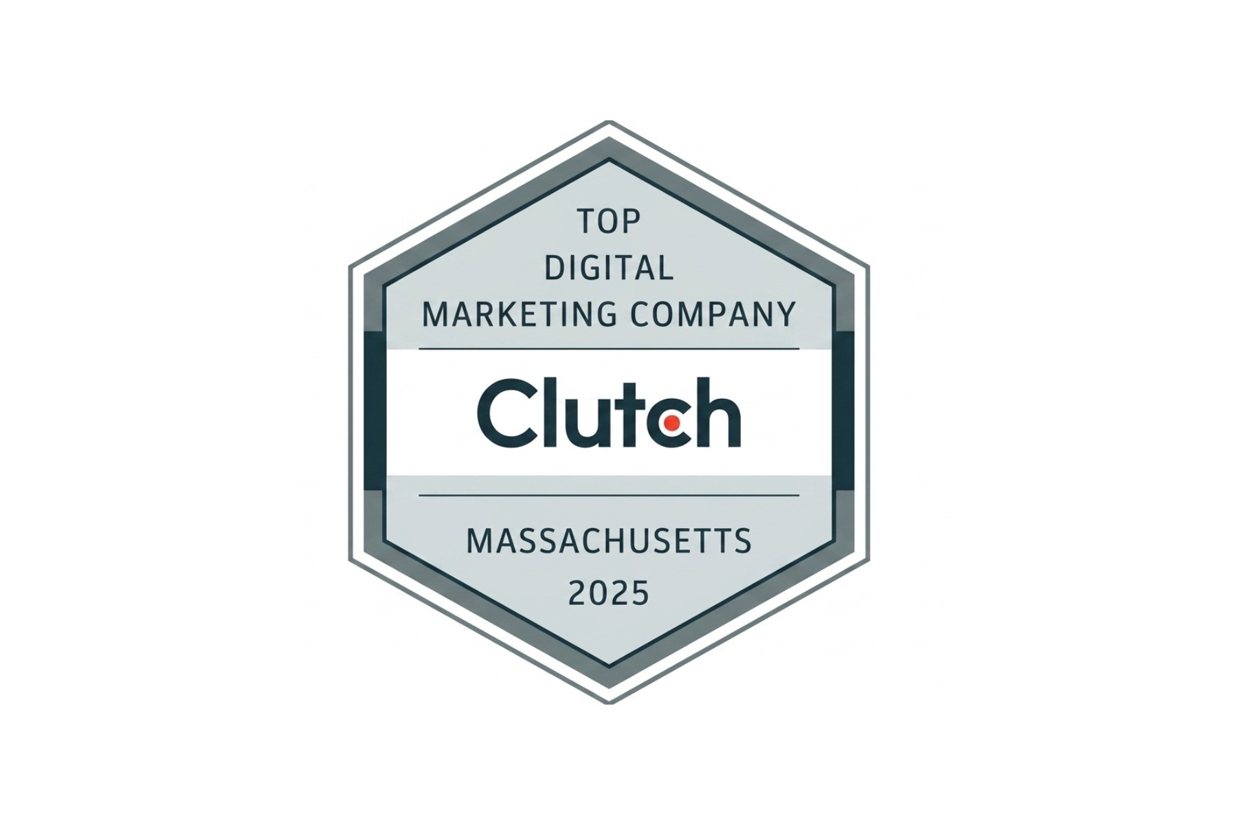 Badge with a hexagonal shape and a gray border. Text inside reads 'Top Digital Marketing Company Clutch Massachusetts 2025.'