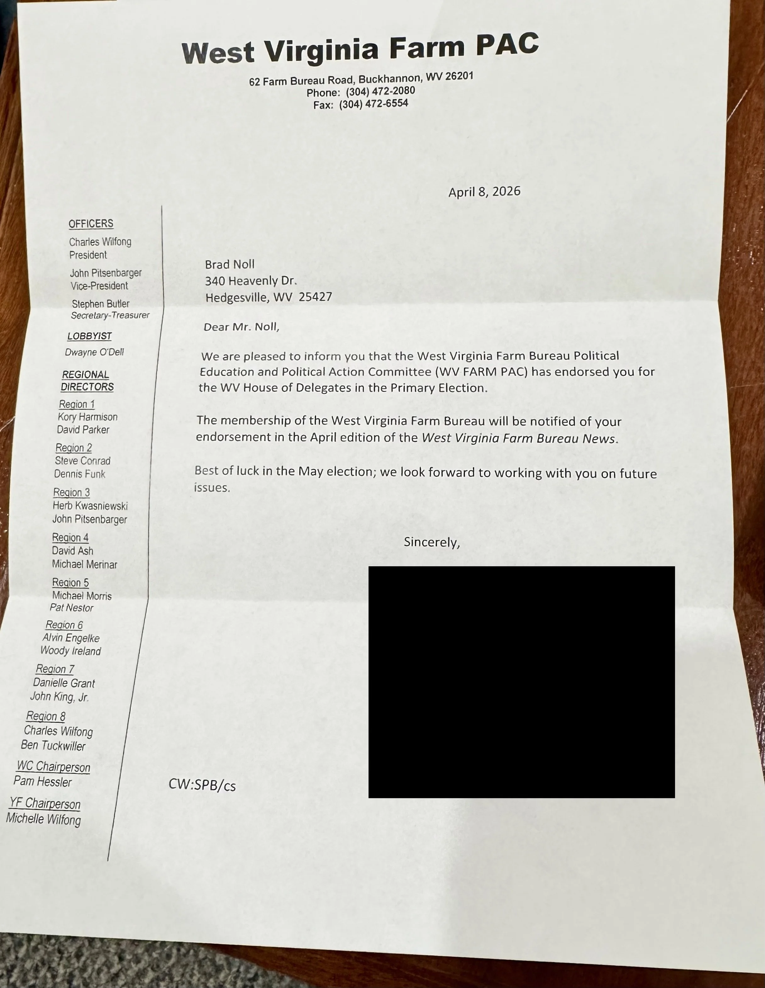 Official letter on West Virginia Farm PAC letterhead, addressed to Mr. Brad Noll, confirming endorsement for the WV House of Delegates in the Primary Election, dated April 8, 2026.