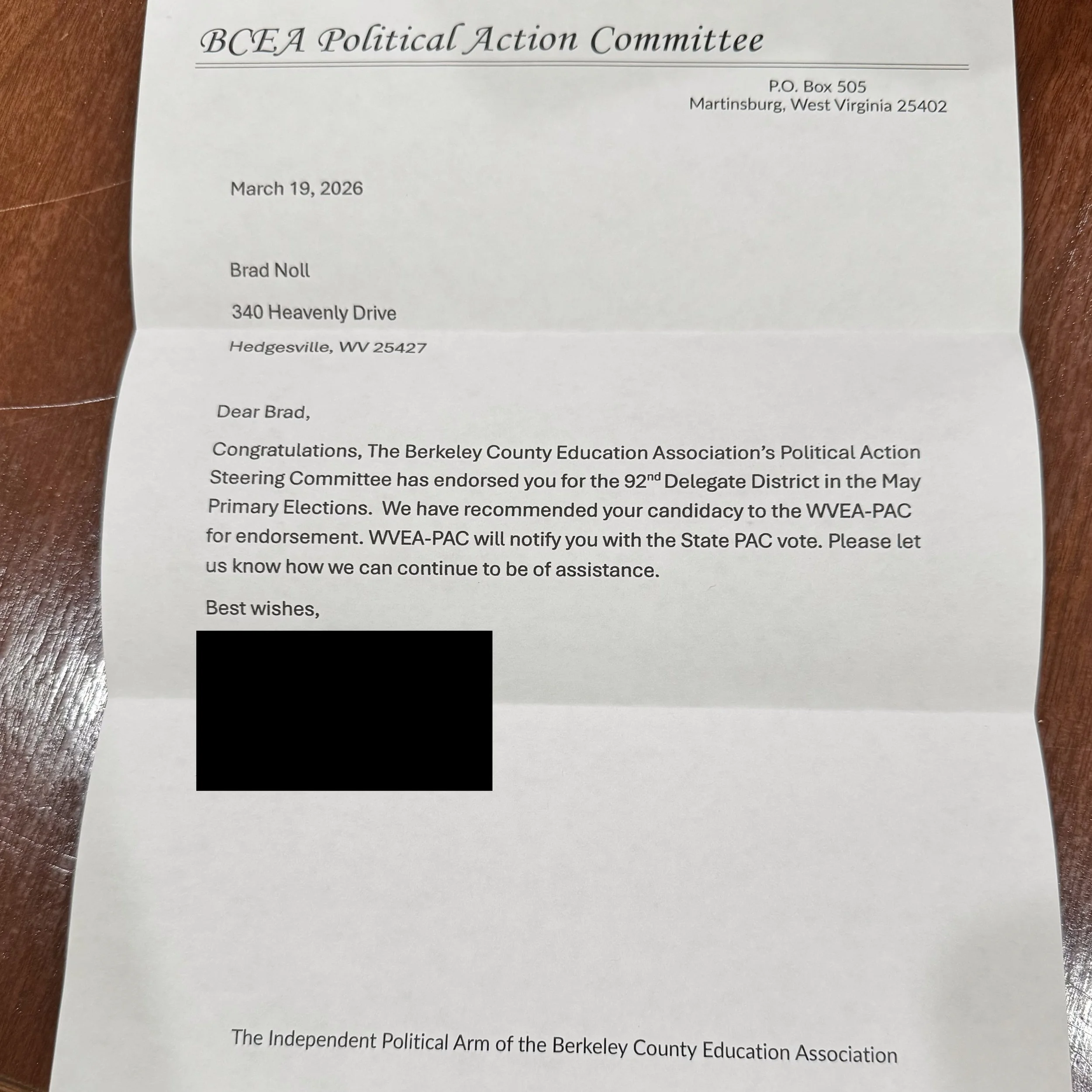 Letter from the Berkeley County Education Association Political Action Committee, dated March 19, 2026, addressed to Brad Noll at 340 Heavenly Drive, Hedgesville, WV 25427. The letter discusses endorsements related to the primary elections and mentions the WVEA-PAC.