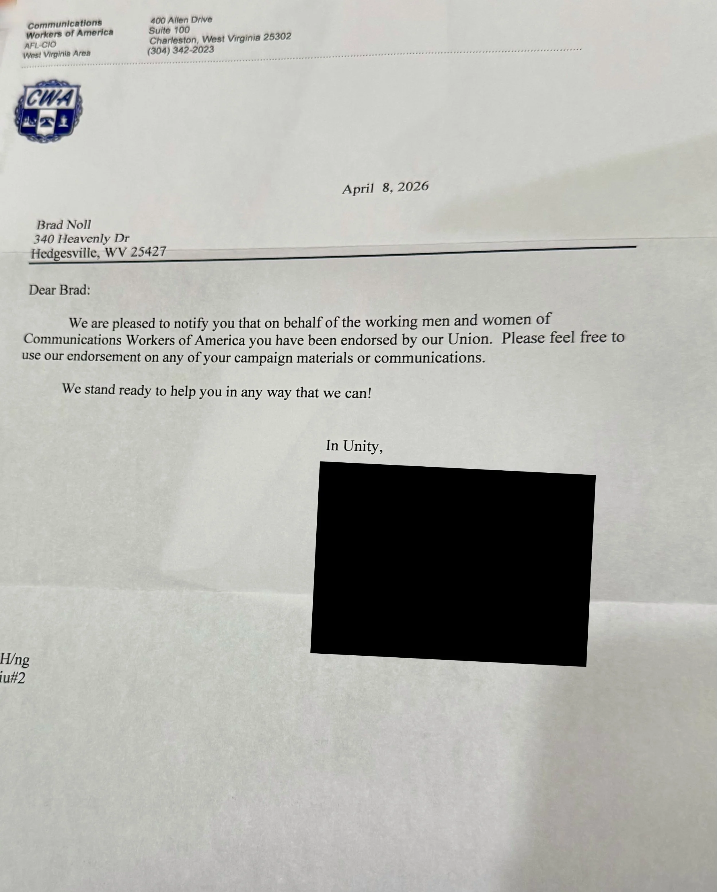 A letter addressed to Brad Noll from Communications Workers of America, dated April 8, 2026, with some portions of the letter blacked out.