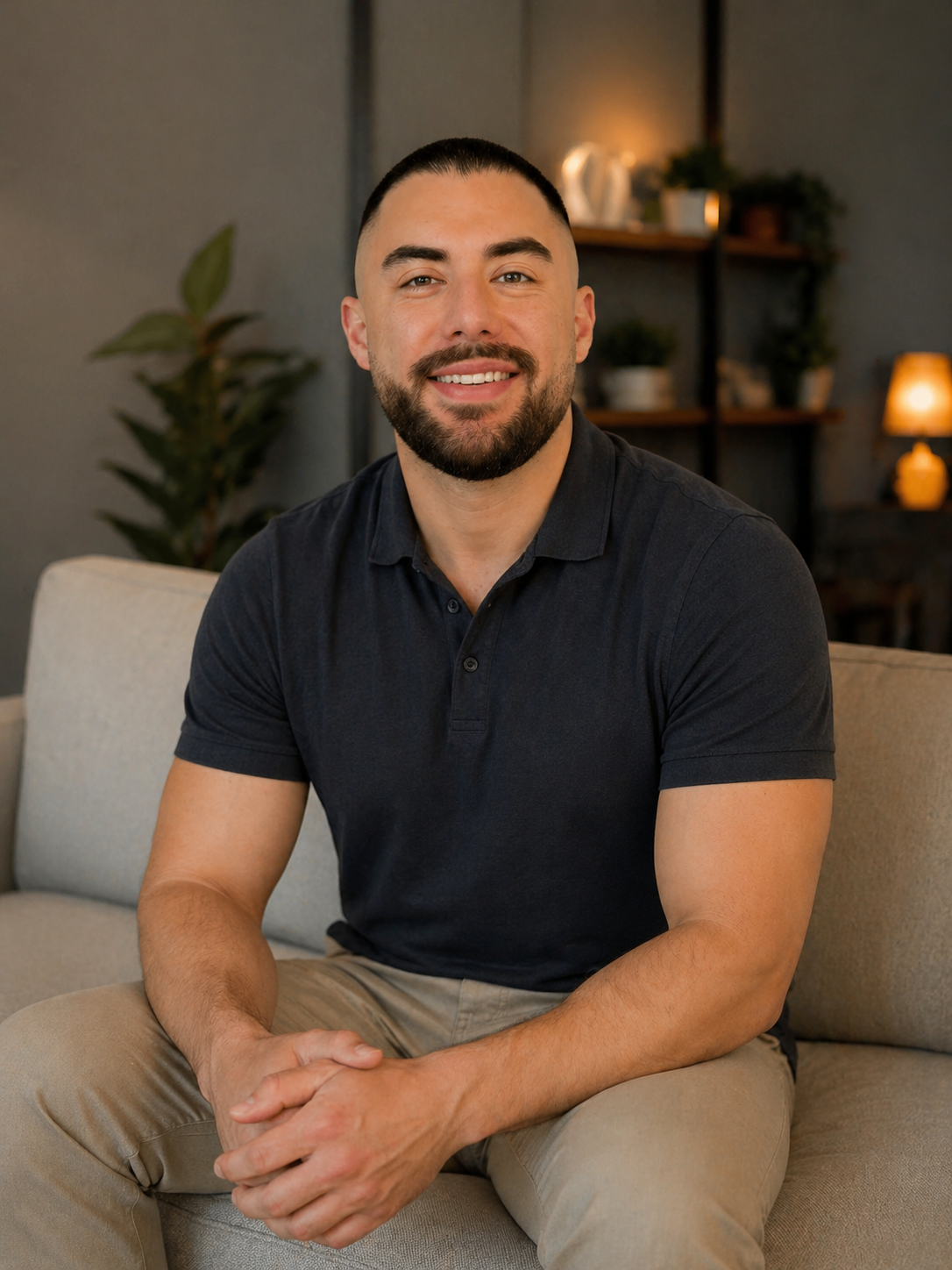 A smiling man with a beard and short hair, wearing a black polo shirt and beige pants, sitting on a beige couch in a cozy, modern room with plants and warm lighting in the background.