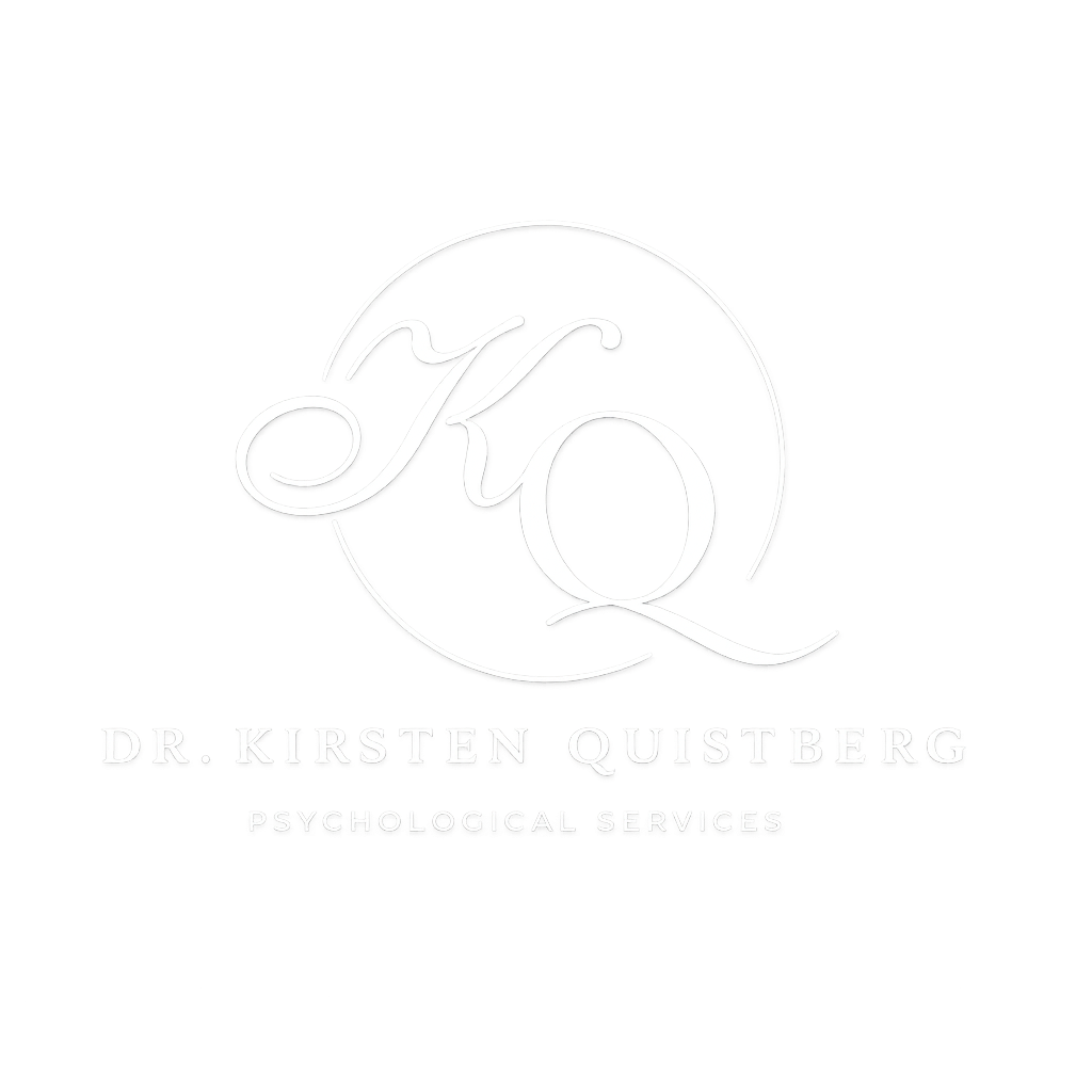 A logo for Dr. Kirsten Quistberg, a psychological services provider, featuring a stylized monogram of the initials 'K' and 'Q' with the full name and profession written below.