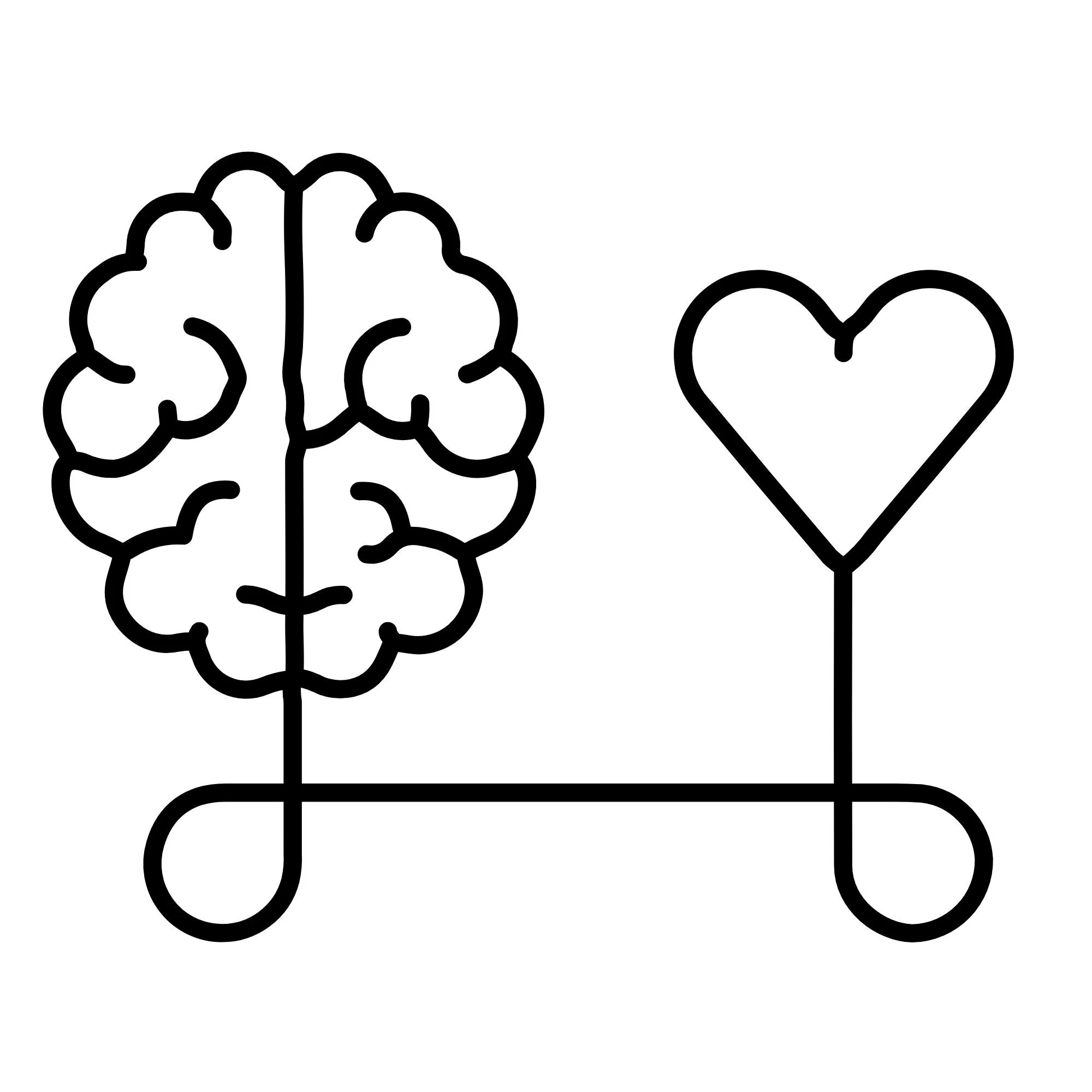 Black line drawing of a human brain and a heart connected by a line, over a white background.