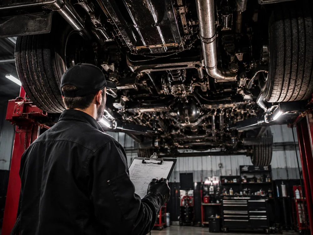 A mechanic in black attire and cap inspecting the underside of a vehicle in an auto repair shop, holding a clipboard.