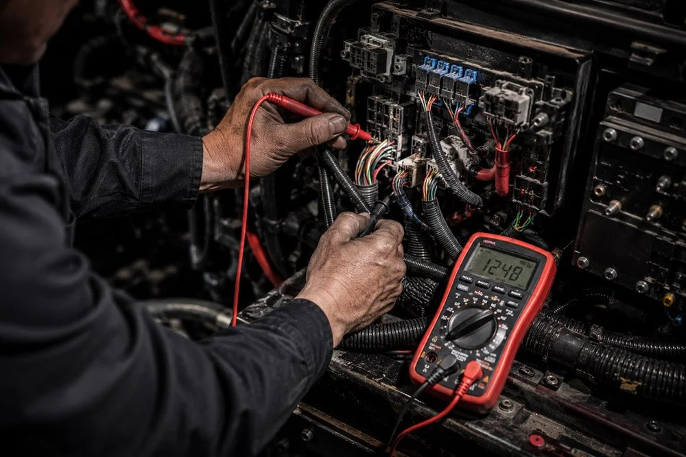 A technician tests electrical connections inside a complex electronic panel with a digital multimeter reading 12.48 volts.