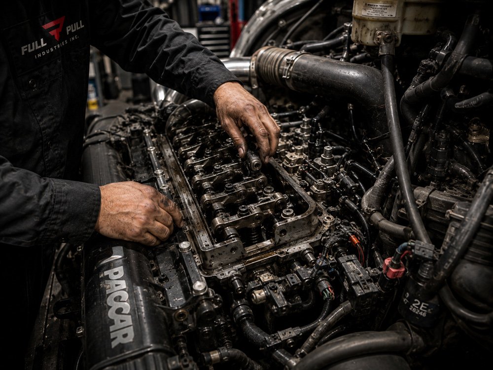A mechanic working on a complex engine with various metal components, wires, and hoses in a professional garage.