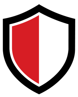A logo featuring a black shield shape with a vertical red stripe on the right side.