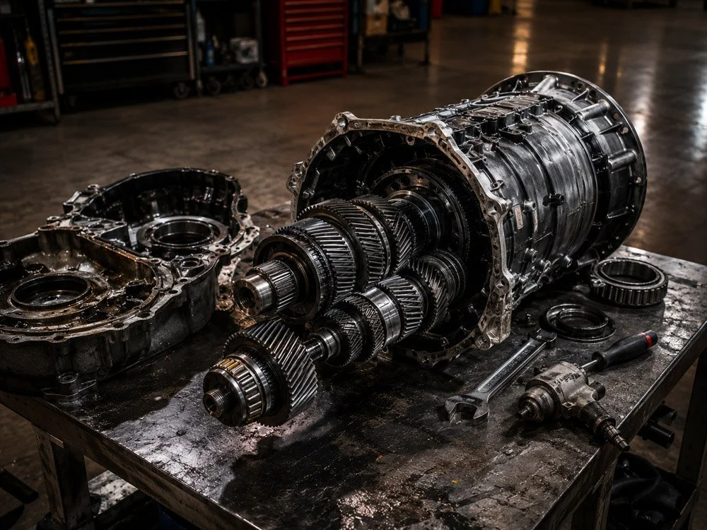 Disassembled automotive transmission with gears and tools on a workbench in a garage.