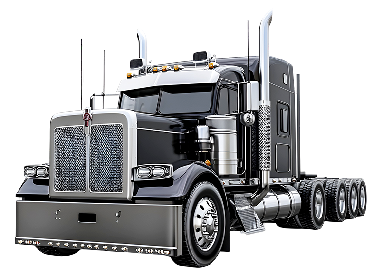 Black and silver semi-truck with a large front grille and multiple wheels.