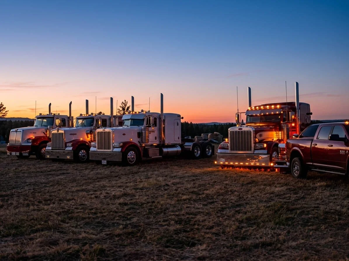 Four large semi-trucks and a pickup truck parked on a grassy field at sunset, with the trucks' lights on.