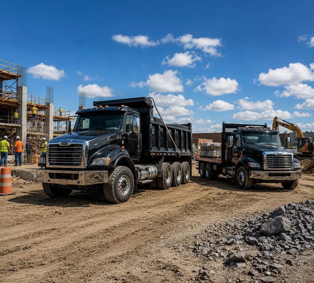 Construction site with two black dump trucks, workers building a structure, construction machinery, and a partly cloudy sky.