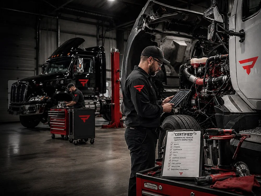 Two technicians inspecting large commercial trucks in a garage, one using a digital tablet, with tools and inspection checklist on a cart, trucks with red logos in the background.