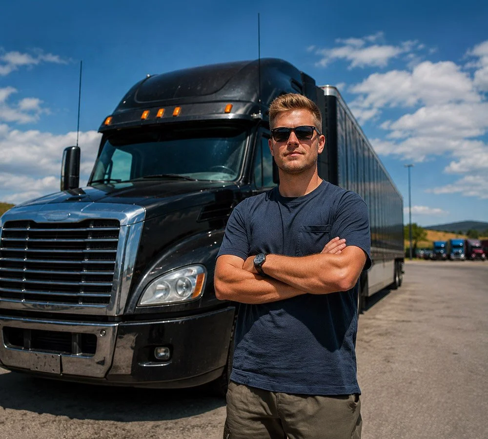 A man wearing sunglasses and a navy blue T-shirt stands with arms crossed in front of a large black semi-truck on a cloudy day, with a line of trucks in the background on an open lot.