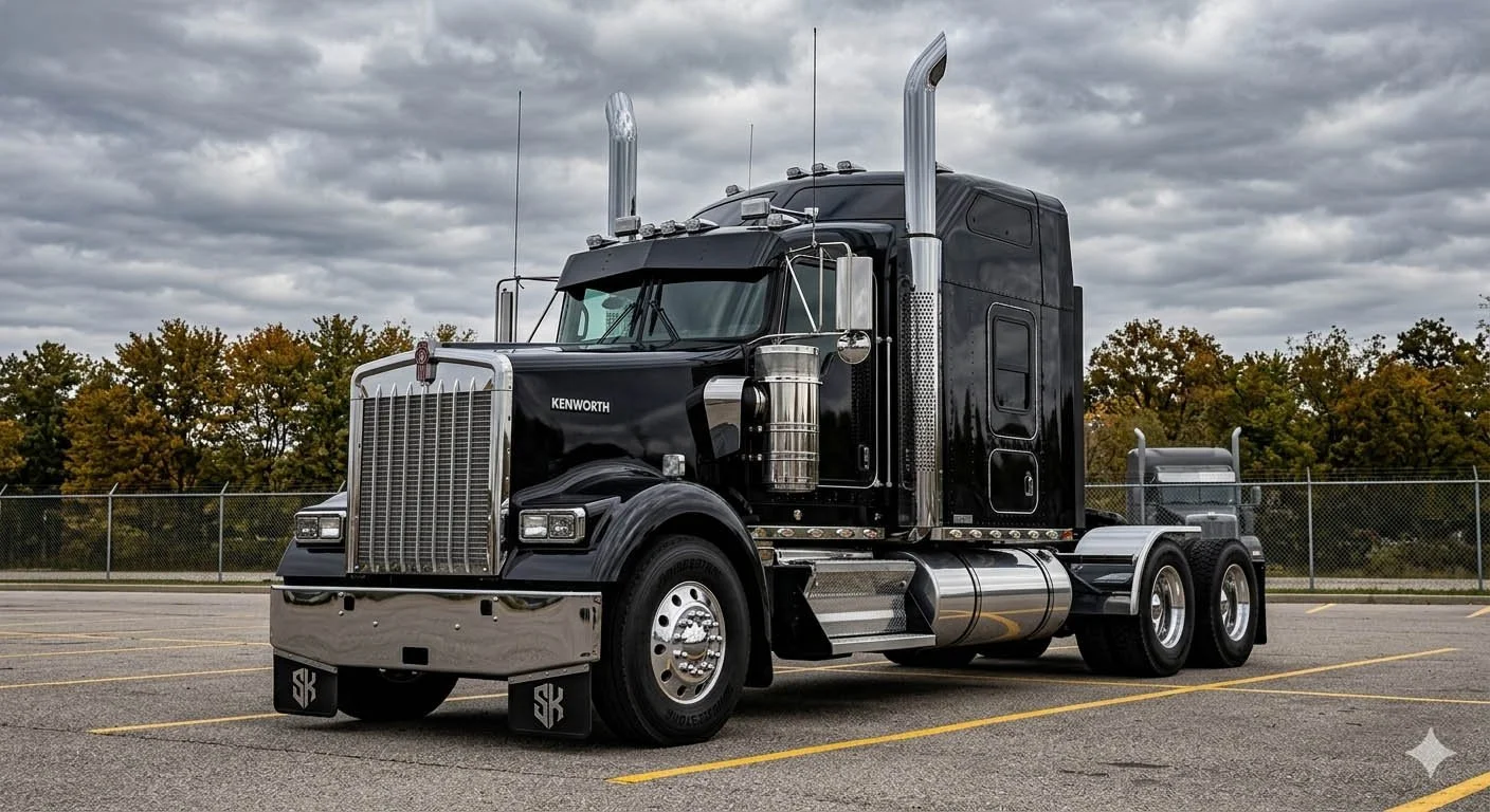 A black semi-truck parked in an empty parking lot, with trees and cloudy sky in the background.